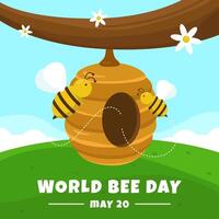 World Bee Day greeting background with honeycomb hanging on tree branches vector