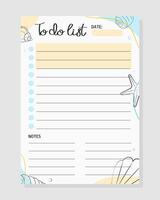 Summer To Do List with sea pattern. Template for print, planner, diary, shopping, organizer, checklist, notes. vector