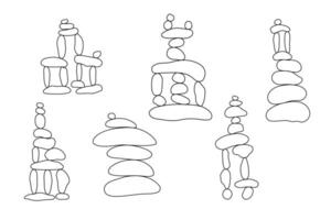 Zen stone cairns set in simple doodle style outline illustration symbolizing balance, harmony, meditation, relax, yoga concept, boho stone pyramid clipart for poster, card, print, wall art vector