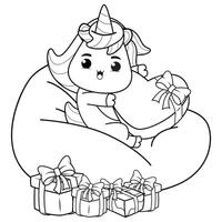 A coloring page with a unicorn sitting on a bean bag vector