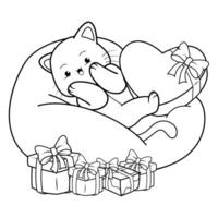 A cat laying in a bean bag with presents coloring page vector