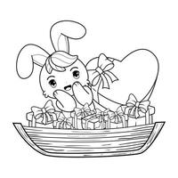Easter bunny in a boat with presents coloring page vector