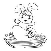 A bunny is sitting in a boat with presents coloring page vector