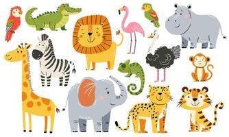 A set of flat illustrations in a simple children's style. Cute elephant giraffe tiger leopard lion parrot ostrich flamingo crocodile chameleon zebra monkey on white background vector