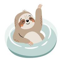Flat illustration in a simple children's style. Cute sloth swimming in inflatable circle on white background vector