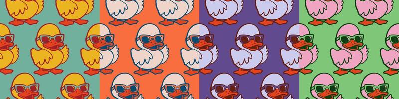 collection of seamless patterns with cute groovy ducks. Retro color palettes vector