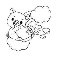 A pig with a heart and clouds coloring page vector