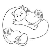 A cat laying on a pillow with hearts coloring page vector
