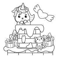 A coloring page with a unicorn and a cat vector