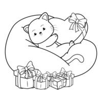 A cat laying on a pillow with presents coloring page vector