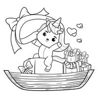 A cartoon unicorn in a boat with presents coloring page vector