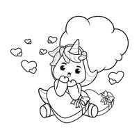 A cute little unicorn is sitting on a heart shaped pillow vector