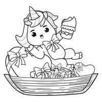 A coloring page with a cartoon unicorn in a boat vector