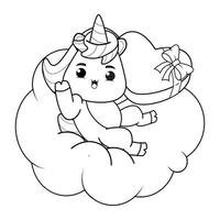 A unicorn is sitting on a cloud coloring page vector