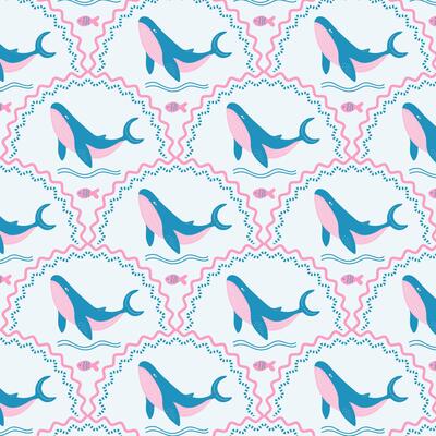 Marine seamless retro pattern with whales. Summer tropical sea background.