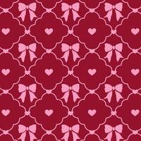 Pattern with pink bows and hearts on a red background. vector