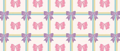 Bows in checks, seamless background with ribbons and bows drawn by hand. Pattern for tablecloth, fabric, packaging. vector