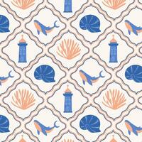 Marine seamless retro pattern with corals, shell, lighthouse and whale. vector