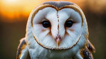 Barn owl gazes intently as twilight envelops the landscape in soft hues, showcasing the intricate details of its feathers and large, expressive eyes photo