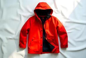 A red rain jacket with hood on a white surface photo