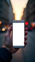 A person holding up a smartphone with a blank screen photo