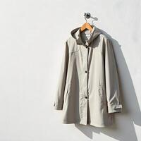 A coat hanging on a wall against a white wall photo