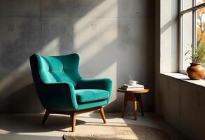 A teal chair sits in front of a window photo