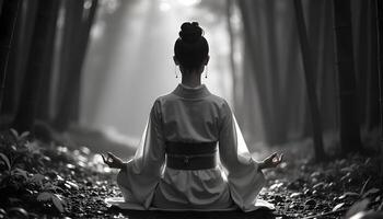 A woman in a white robe sitting in the middle of a forest photo