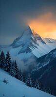 A mountain with snow covered trees and a sun setting behind it photo