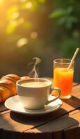 Coffee and croissant on wooden table with orange juice and croissant in the morning photo