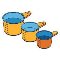 Three measuring cups with lids on a white background vector
