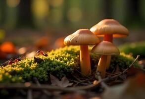 Three mushrooms are sitting on the ground in the forest photo