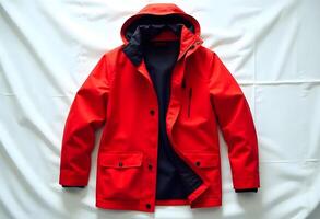 A red rain jacket on a white sheet photo