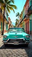 An old car is parked on a cobblestone street photo