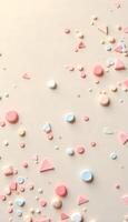 A lot of pink and blue confetti on a white surface photo