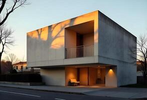 A modern house with a concrete exterior and a tree in the background photo