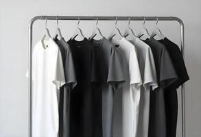 un estante de blanco y negro t - camisas colgando en un metal carril foto