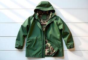 A green rain jacket with camouflage print photo