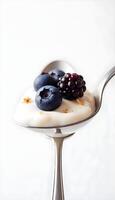 A spoon with a spoonful of yogurt and berries photo