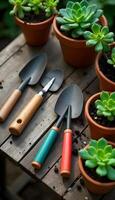 Garden tools and plants on a wooden table photo