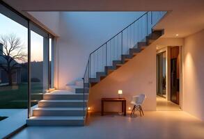 A modern home with stairs and a table photo