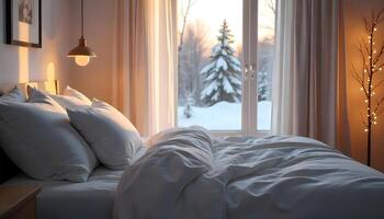 A bed with white sheets and a lamp in front of a window photo