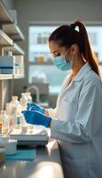 A woman in a lab coat and mask is working on something photo