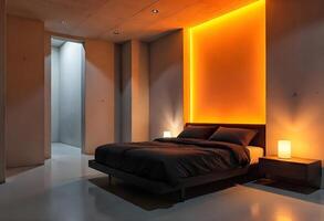 A bedroom with orange lighting and a bed photo