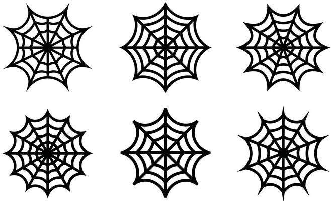 illustration of six spooky black spider webs in a simple flat design