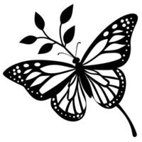 Elegant black and white butterfly illustration featuring detailed wing patterns and leafy sprig vector