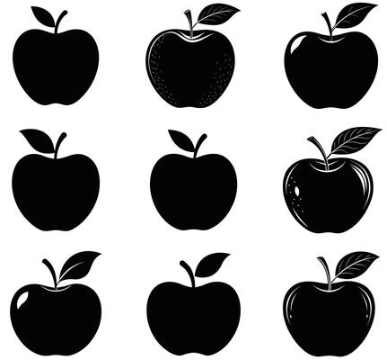 Nine silhouette apple illustrations featuring different styles and detailed leaf embellishments for design elements