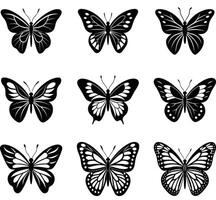 Nine elegant black and white butterfly silhouettes arranged in a grid pattern for decorative usage vector