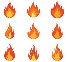 Set of nine different stylized flames in red orange and yellow isolated on a white background vector