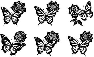 Elegant black and white butterfly and rose illustrations suitable for various design projects and decoration vector